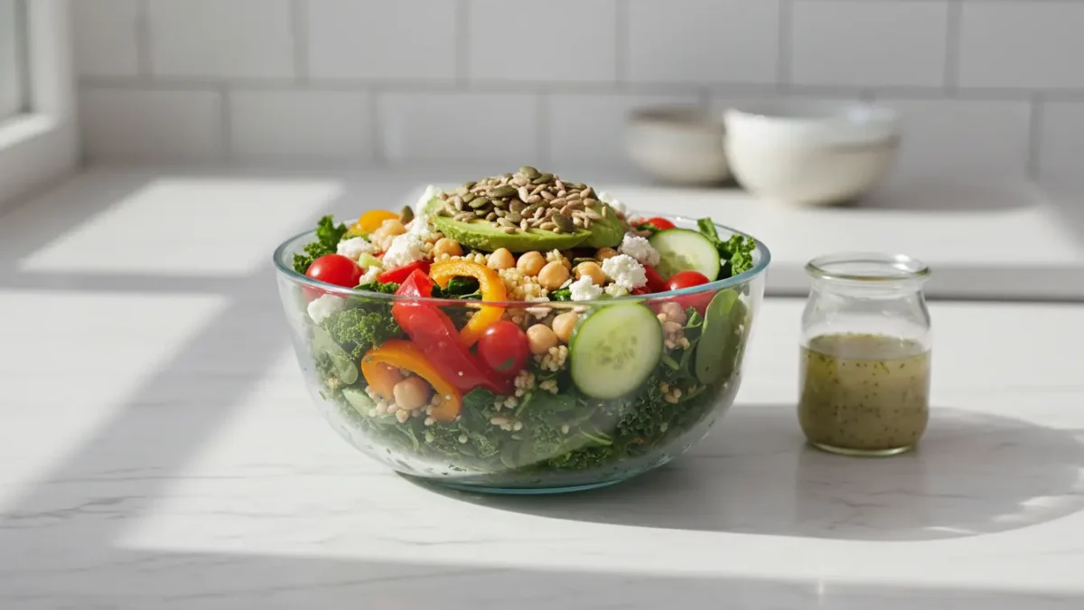 Großer Gemüsesalat in Glasschüssel, Samen-Topping
