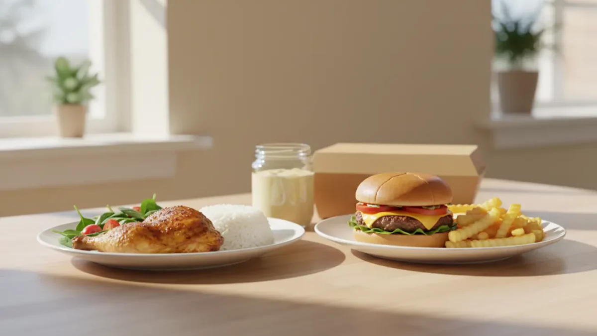 Mittagessen: Hähnchen mit Reis links, Burger mit Pommes rechts.