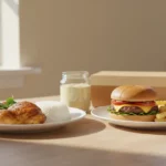 Mittagessen: Hähnchen mit Reis links, Burger mit Pommes rechts.