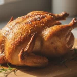 Ganzes Brathähnchen mit Rosmarin auf Holzbrett.