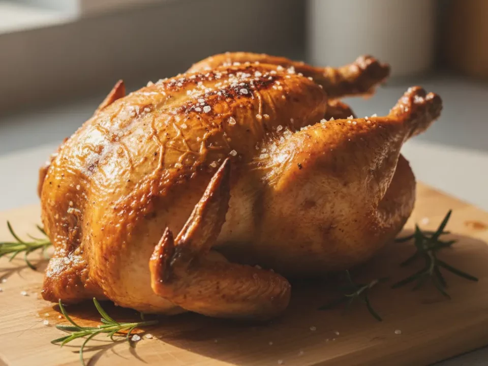 Ganzes Brathähnchen mit Rosmarin auf Holzbrett.