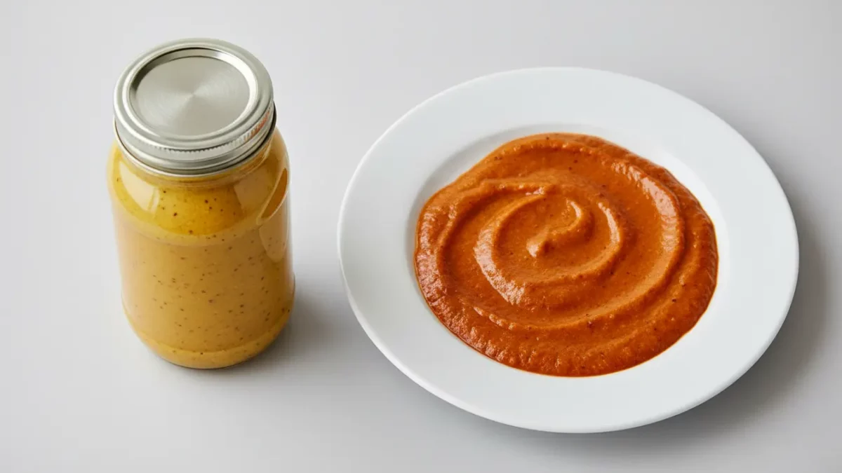 Senf im Glas links, orangefarbene Soße auf Teller rechts.