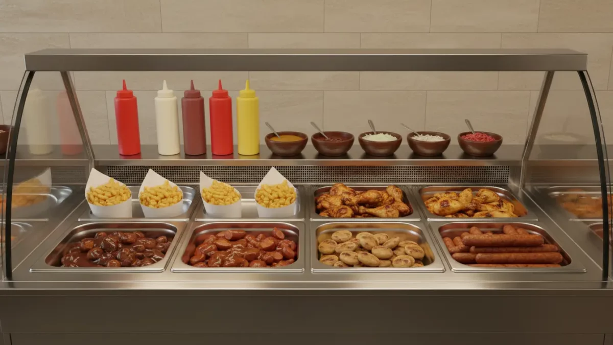 Selbstbedienungs-Foodbar mit Pommes, Würstchen und Hähnchen.