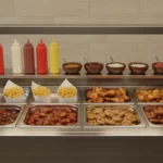 Selbstbedienungs-Foodbar mit Pommes, Würstchen und Hähnchen.