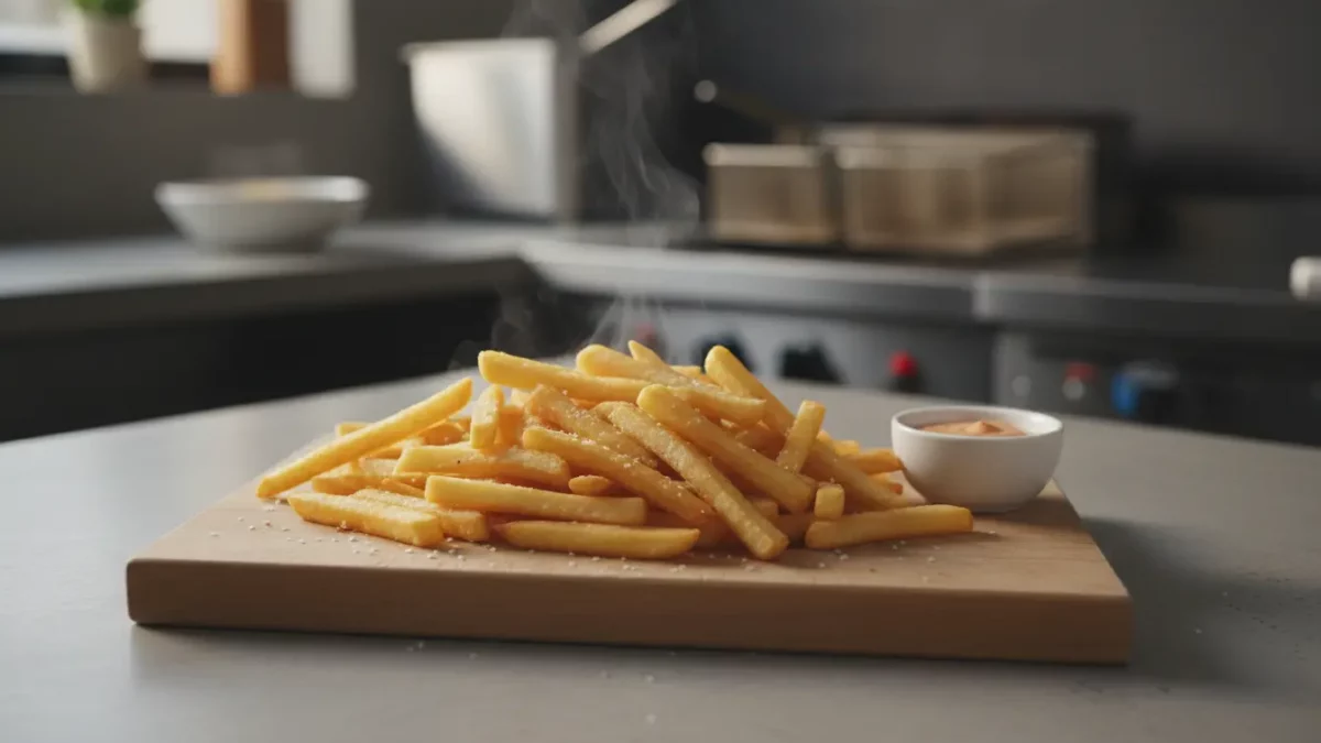 Knusprige Pommes auf Holzbrett mit Dip.