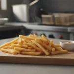Knusprige Pommes auf Holzbrett mit Dip.