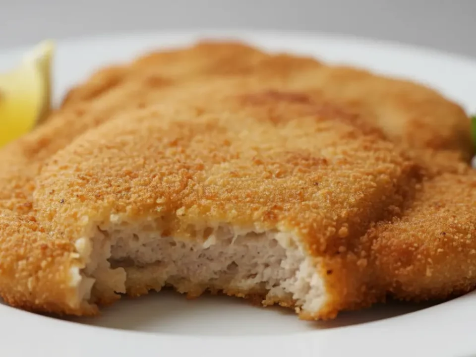 Knusprig paniertes Schnitzel mit Zitronenscheibe.