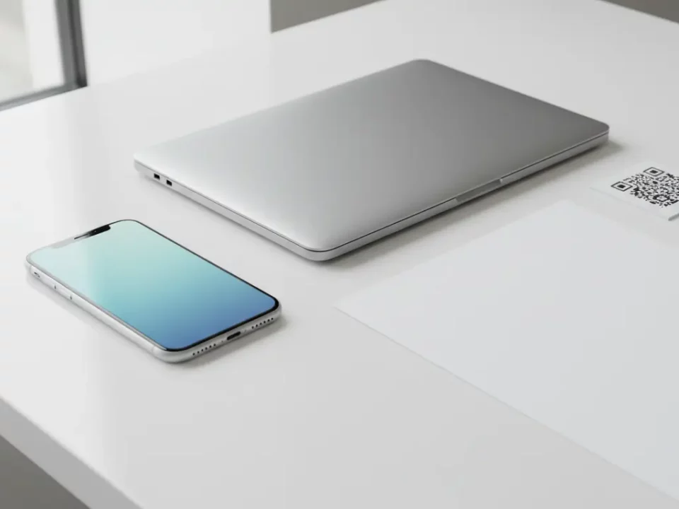 Silbernes Laptop und Smartphone auf weißem Schreibtisch neben QR-Code.