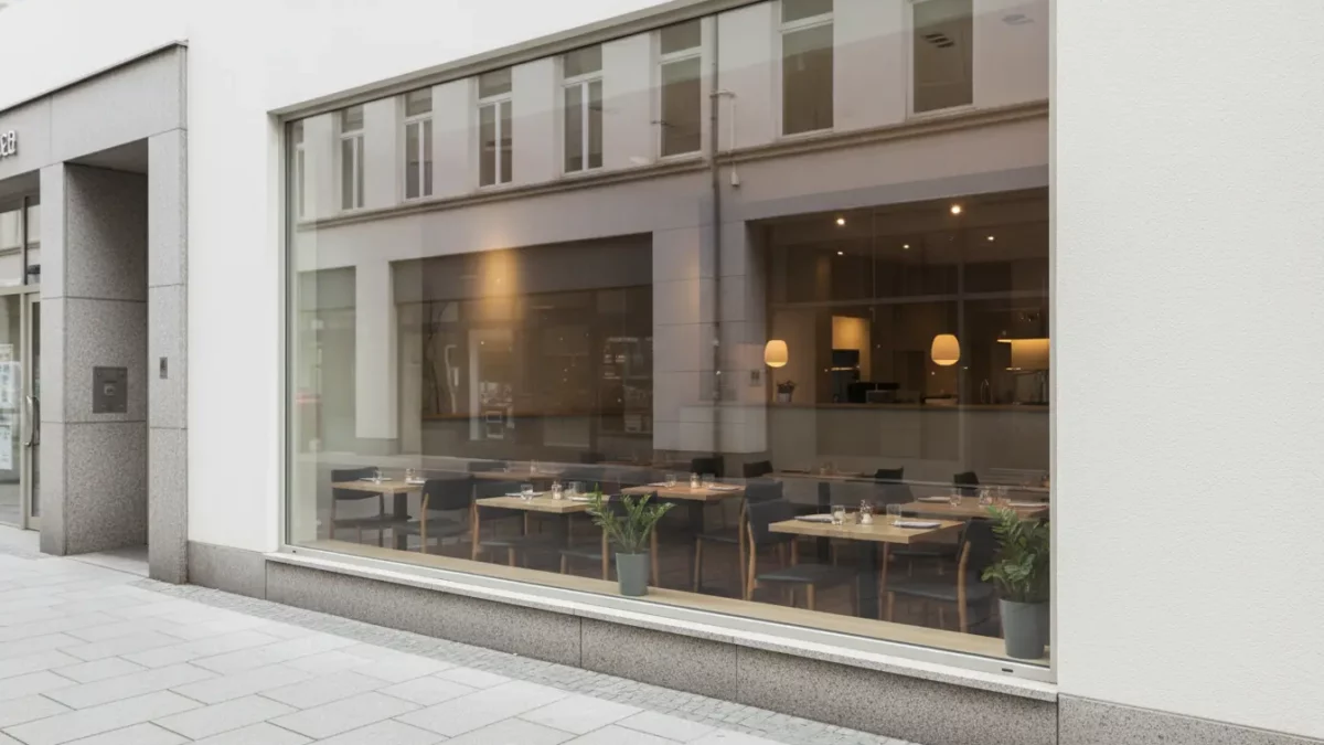 Außenansicht eines Cafés mit großer Glasfront