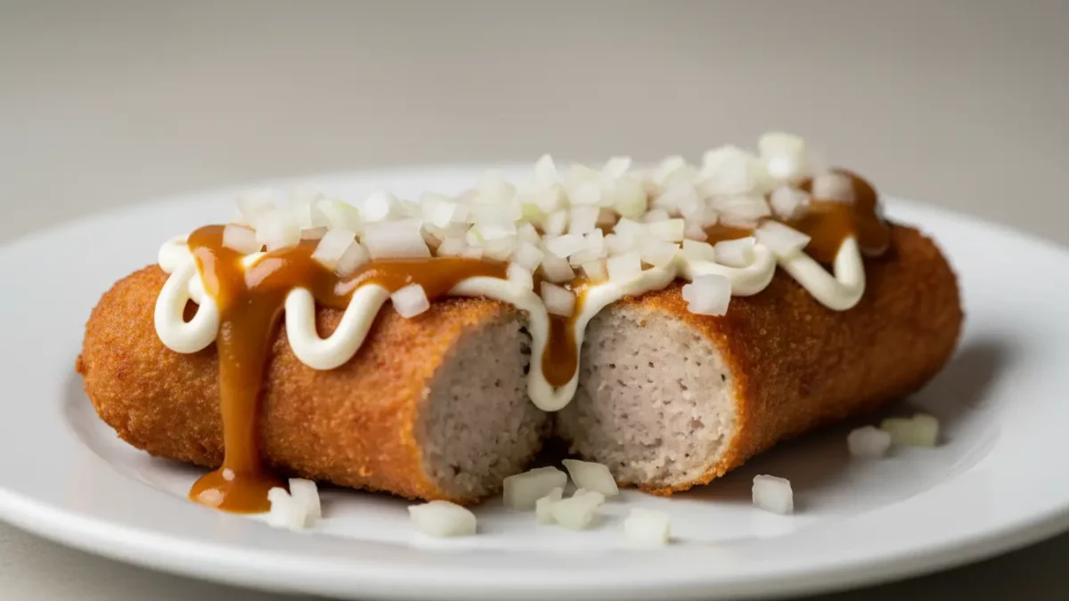 Kroketten mit Mayonnaise-Sauce und Zwiebelwürfeln.