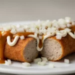 Kroketten mit Mayonnaise-Sauce und Zwiebelwürfeln.