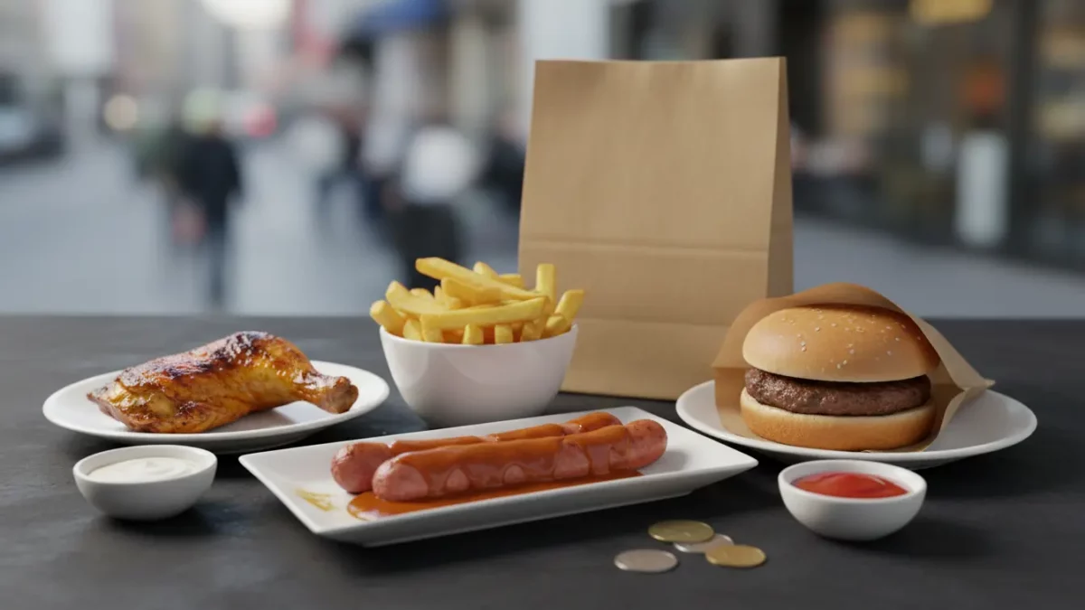 Fast-Food-Platte mit Burger, Hähnchen, Würstchen und Pommes