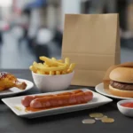 Fast-Food-Platte mit Burger, Hähnchen, Würstchen und Pommes