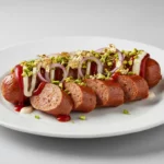 Wurstscheiben mit Zwiebeln, Pistazien und Saucen.