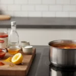 Küchenarbeitsplatte mit Topf Tomatensauce und Gewürzen