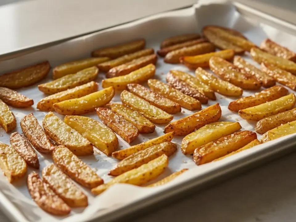 Gebackene Kartoffelwedges auf einem Backblech.