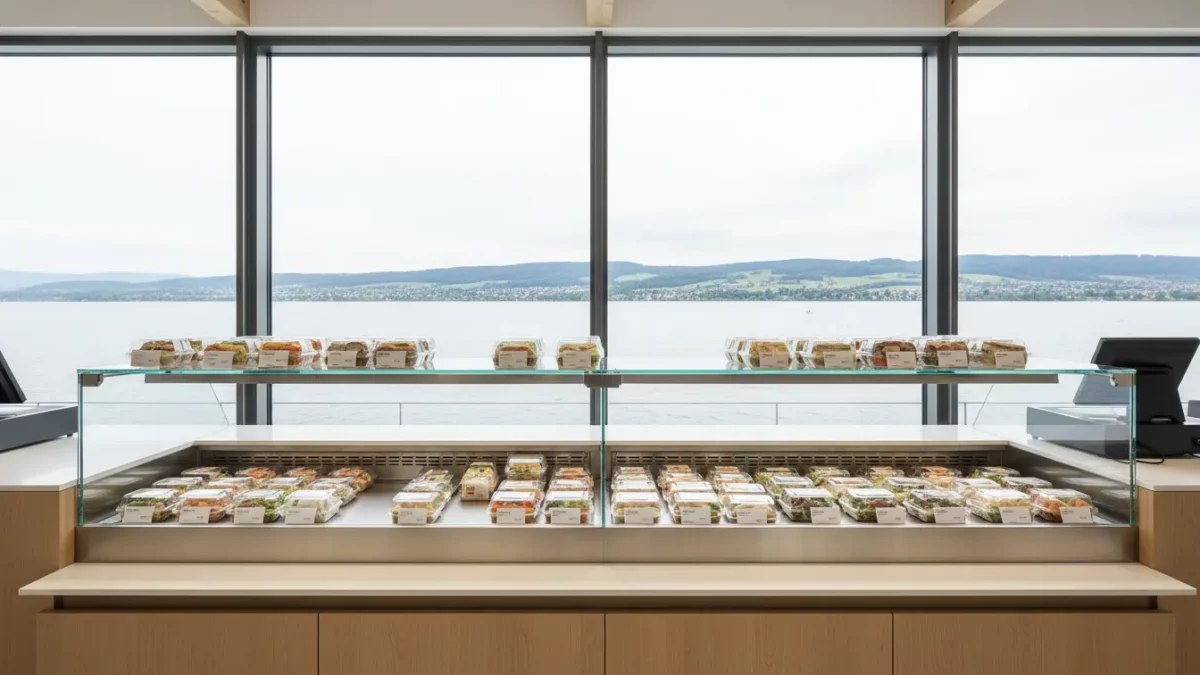 Bäckereivitrine mit belegten Sandwiches vor Fenster mit Seeblick.