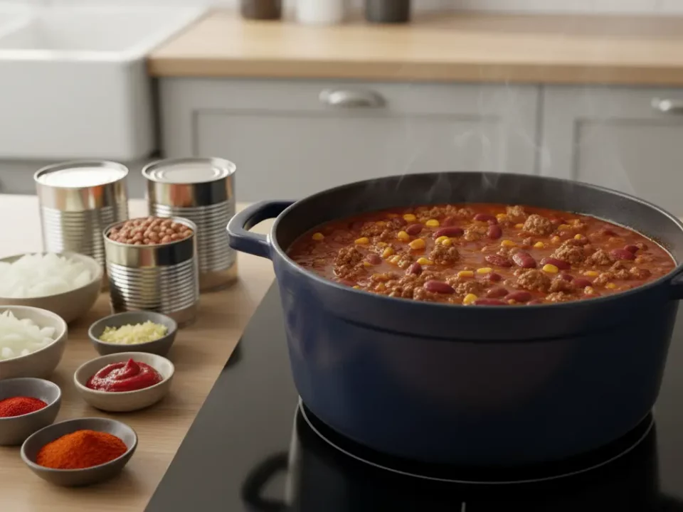 Großer Topf Chili-Eintopf kocht auf Induktionsherd; daneben Gewürze.