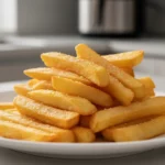 Knusprige Pommes Frites stapeln sich auf einem Teller.