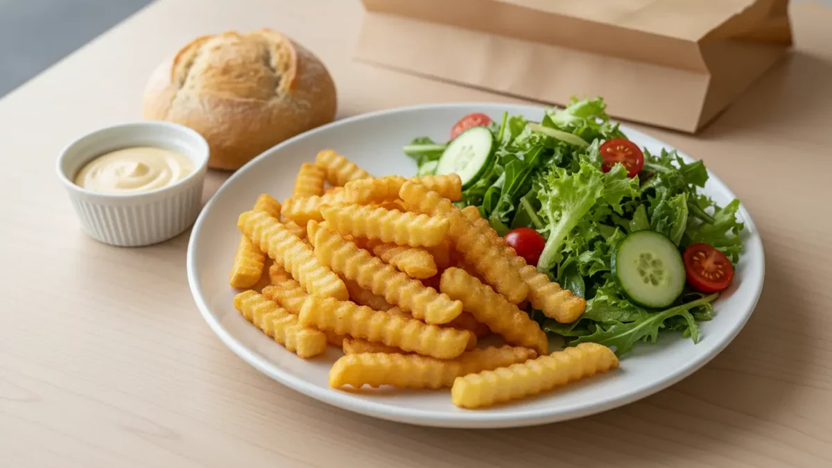 finke-blog177150: Pommes mit Salat im Restaurant.