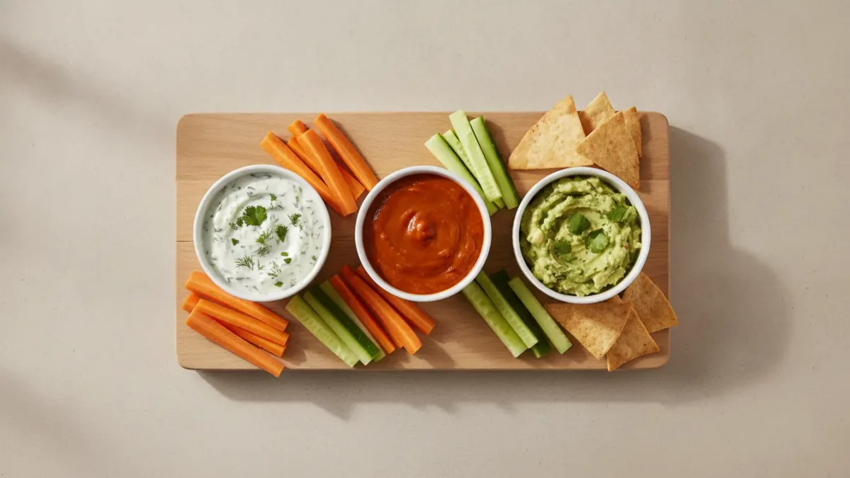 Bunte Gemüse-Dipplatte mit Karotten, Gurken und Tortilla-Chips.