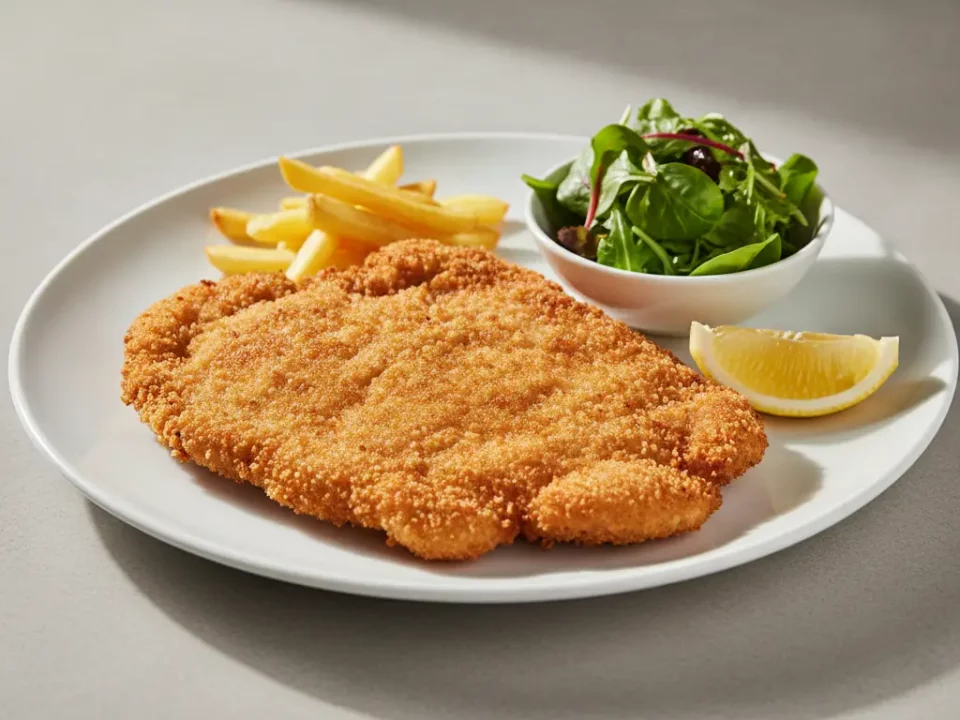 Knuspriges Schnitzel mit Pommes, Salat und Zitrone.