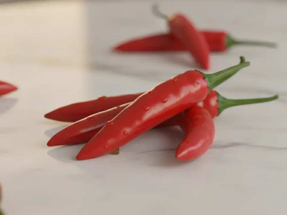 Rote Chilischoten liegen auf hellem Marmor.