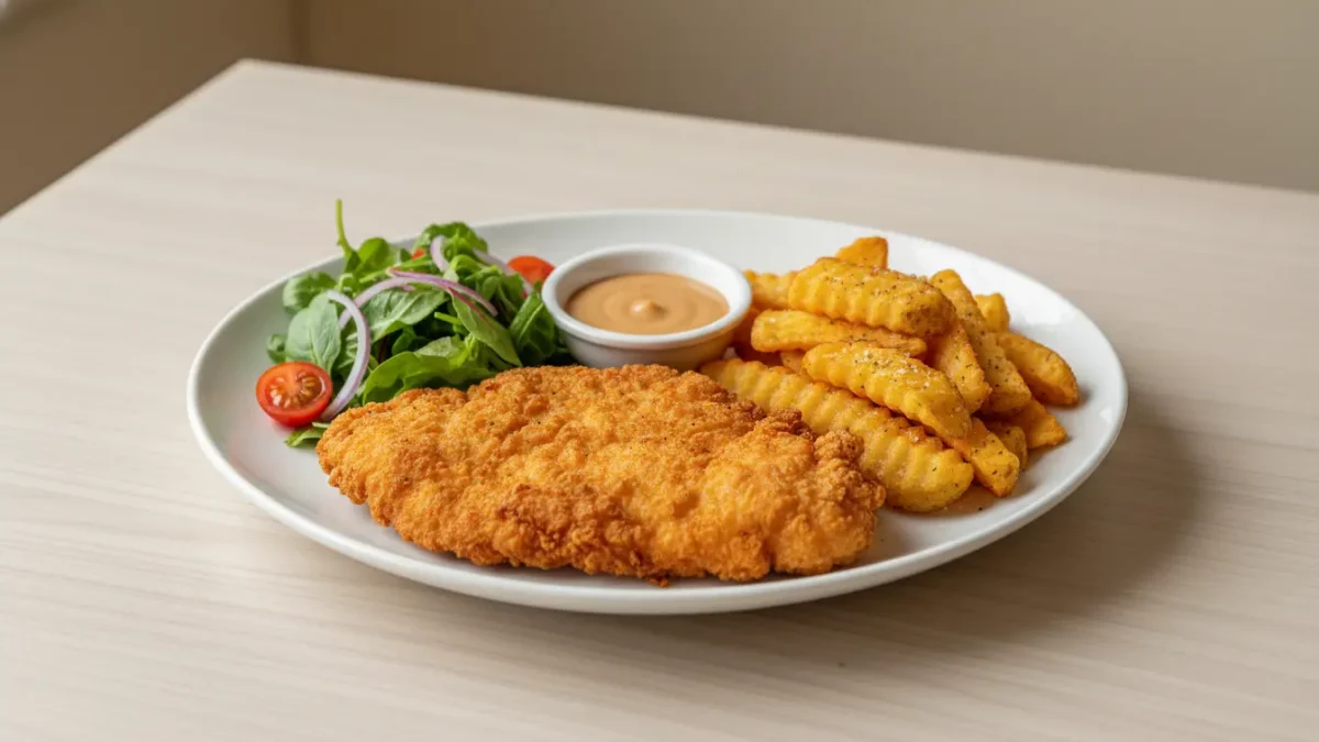 Knuspriges paniertes Hähnchen mit Pommes, Salat und Dip
